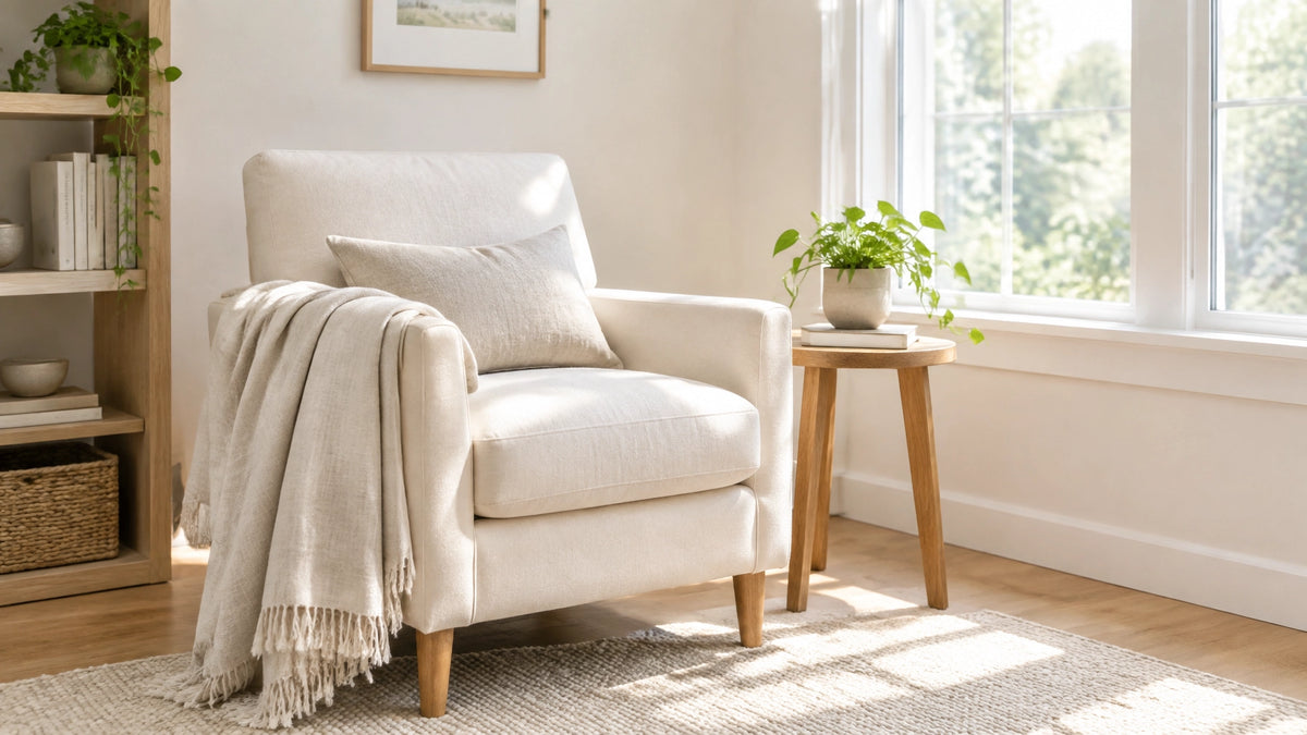 Sunlit reading corner with cream chair, natural wood side table, and small green plant