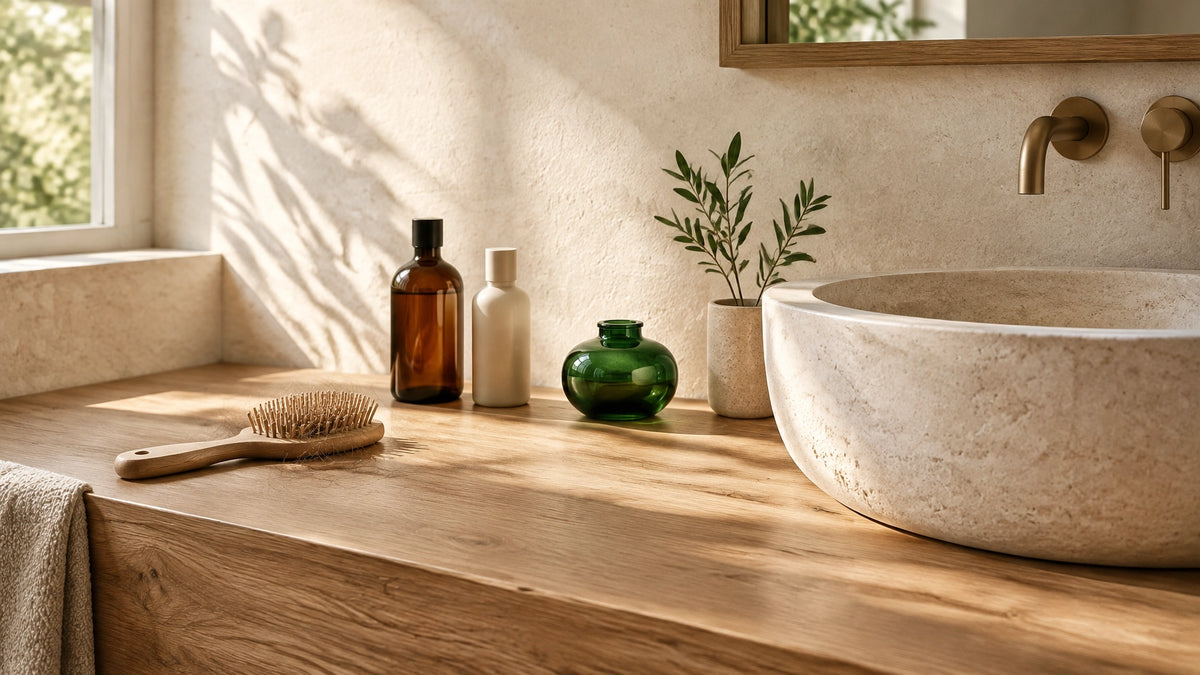 A wooden hairbrush and simple skincare bottles on a warm white bathroom vanity in bright morning light, with an emerald-green