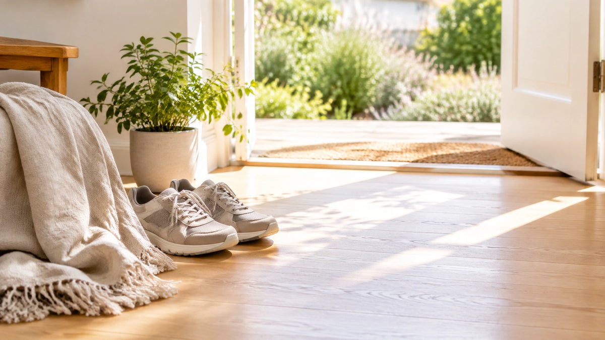 A pair of walking shoes beside a linen throw near an open sunlit door with a small green plant
