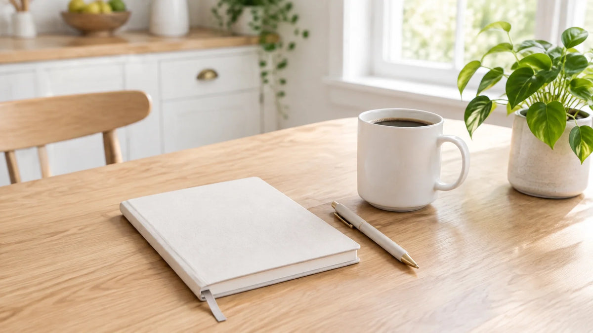 Journal, coffee mug, and plant on a light wood table in natural light