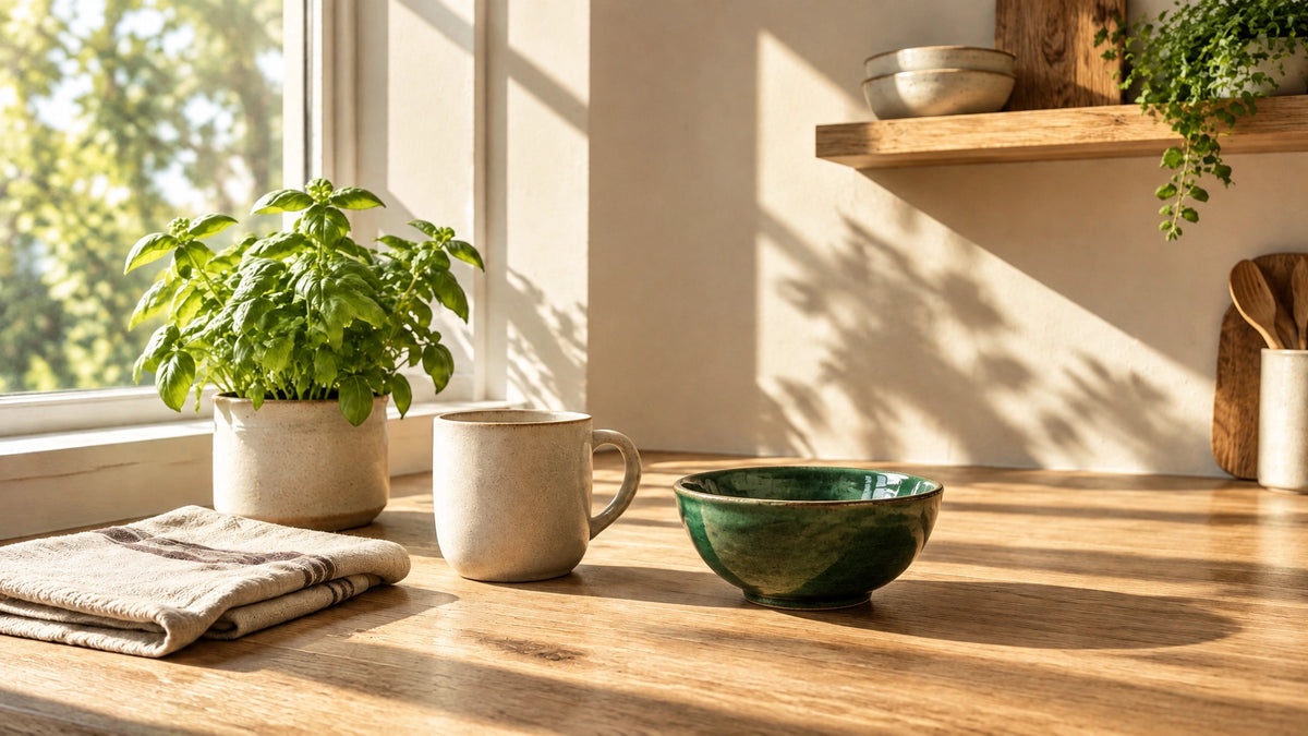 A ceramic mug, folded cream linen cloth, and small herb pot on a bright kitchen counter in hard directional light with an eme