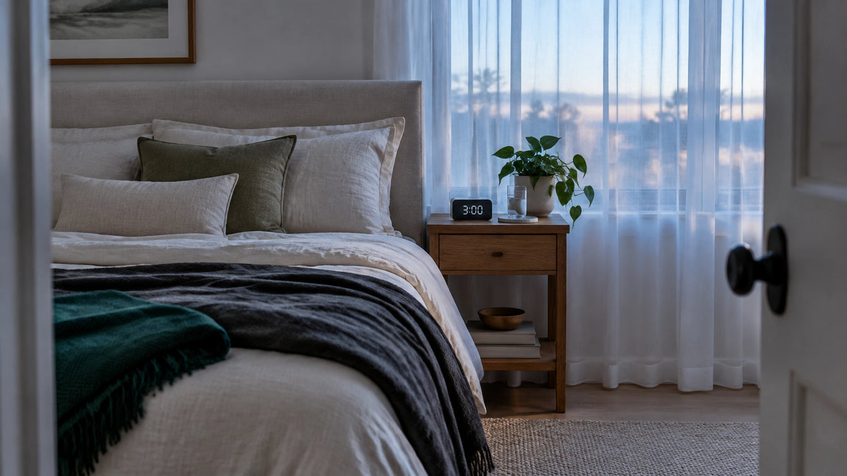 Quiet bedroom at 3 a.m. with a glass of water on the bedside table
