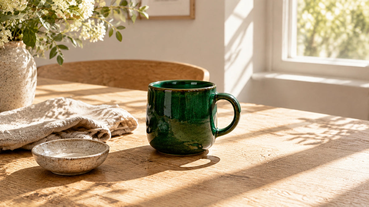 An emerald green ceramic mug, folded oatmeal linen cloth, and stoneware dish on a pale oak kitchen table in hard directional 
