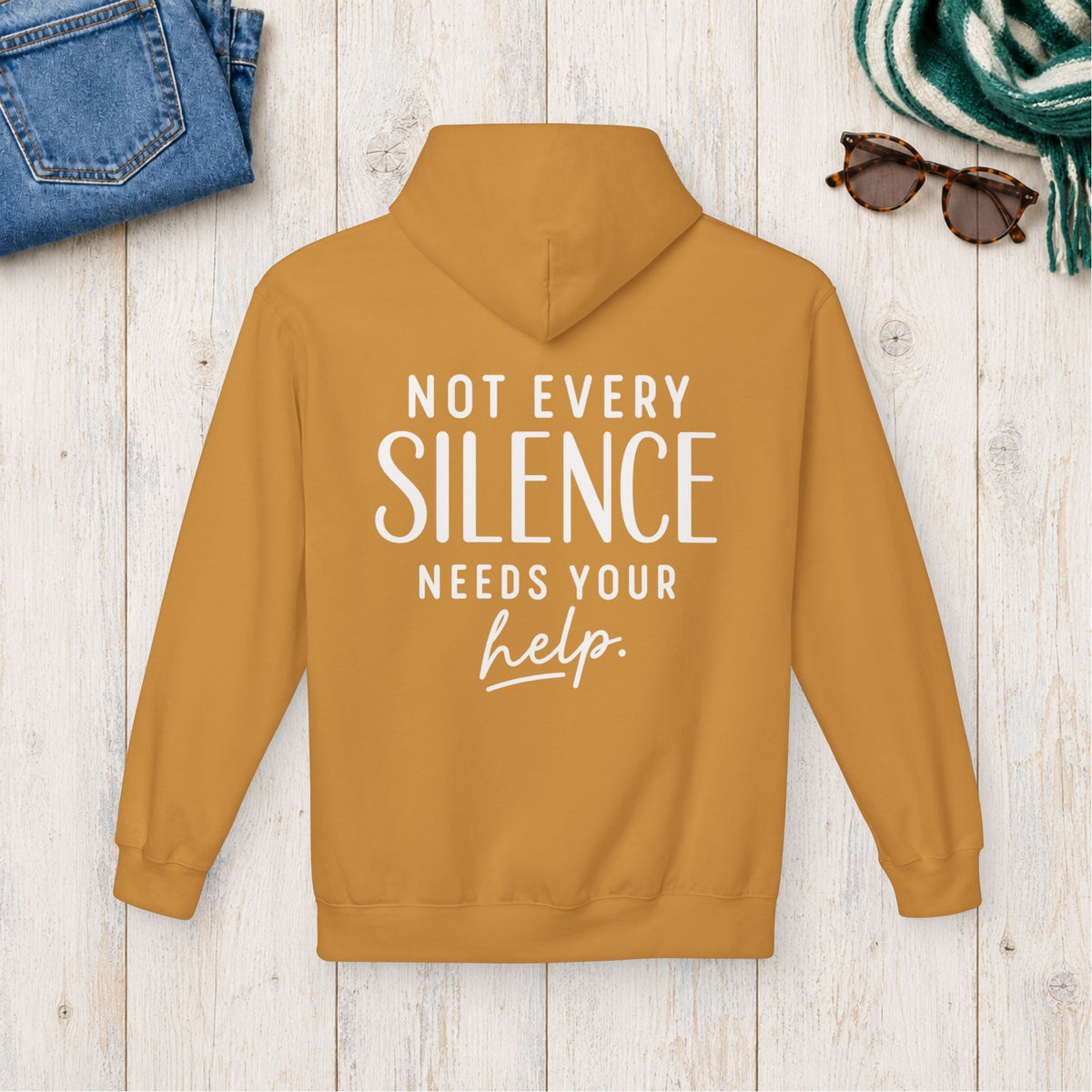 Not Every Silence Needs Your Help Hoodie in Mustard — product view
