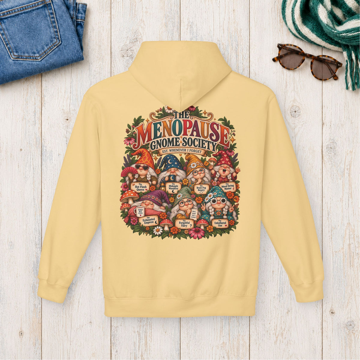 Menopause Gnome Society Hoodie – Back Print in Yellow Haze