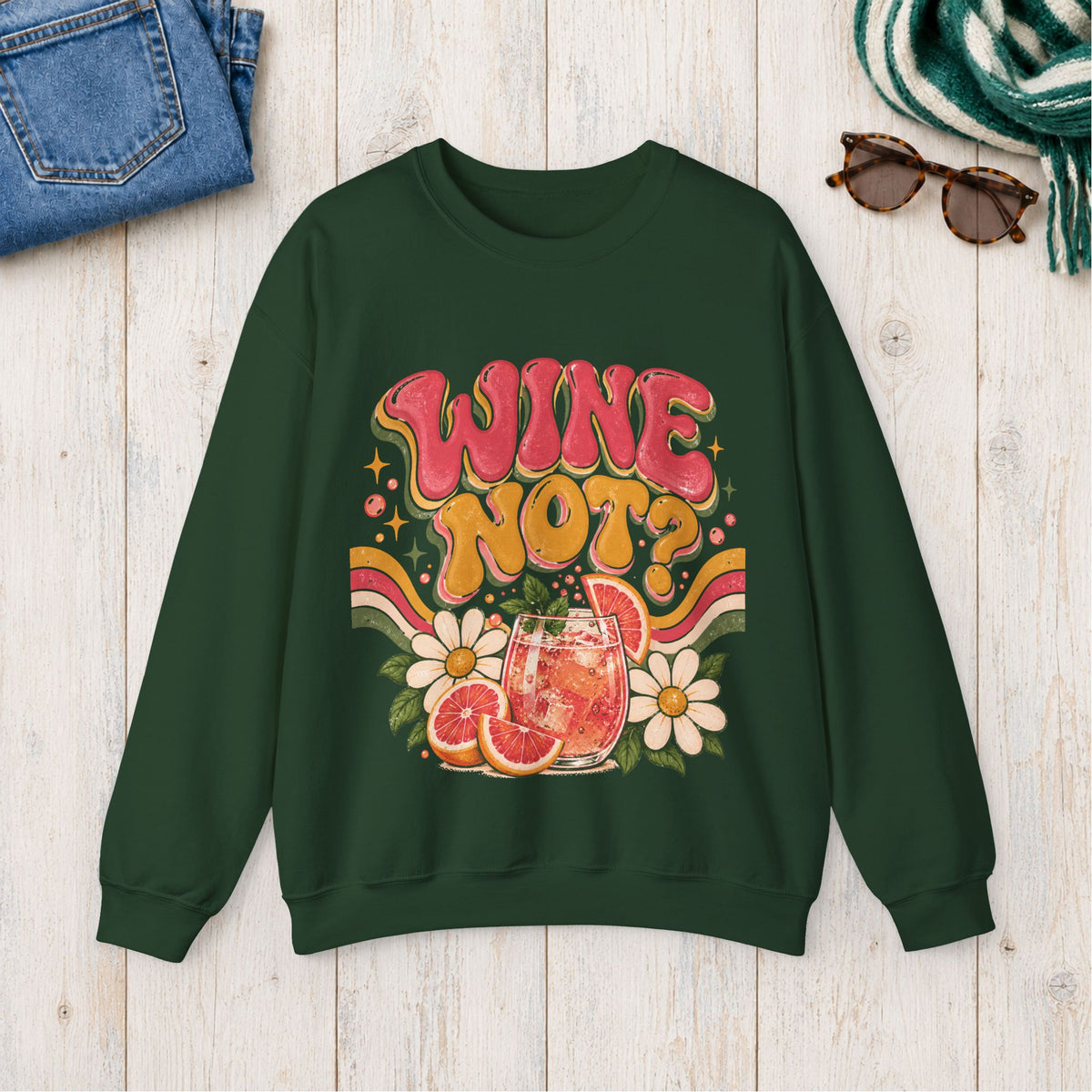 Wine Not? Floral Citrus Sweatshirt in Forest Green