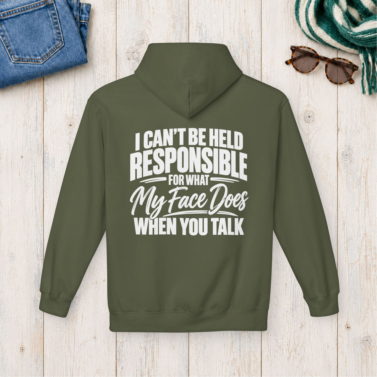 My Face Does When You Talk Hoodie in Military Green — product view