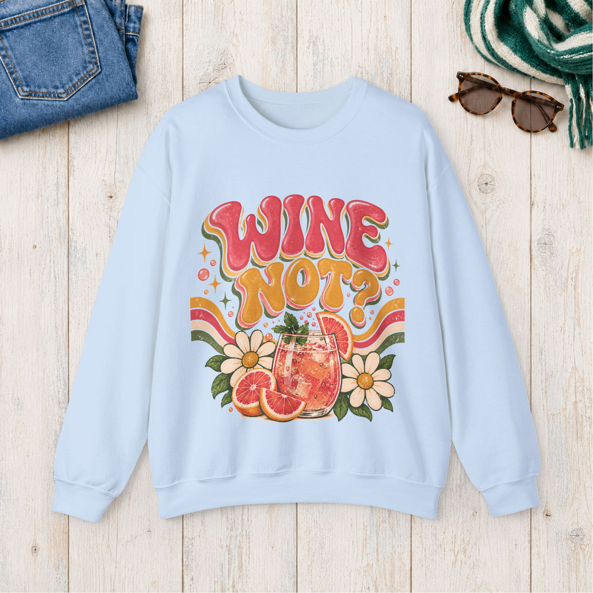Wine Not? Floral Citrus Sweatshirt in Light Blue