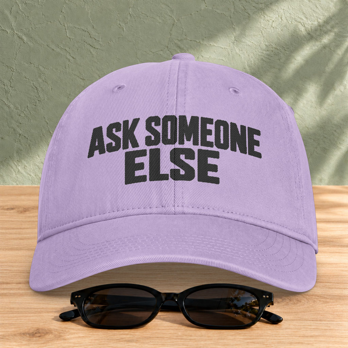 Ask Someone Else washed cap in Orchid, front view with slogan lettering