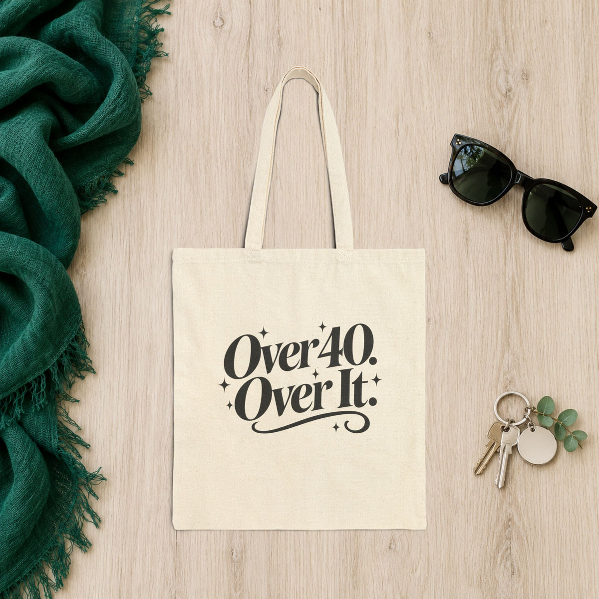 Over 40. Over It. Canvas Tote Bag in Natural, 15" x 16"