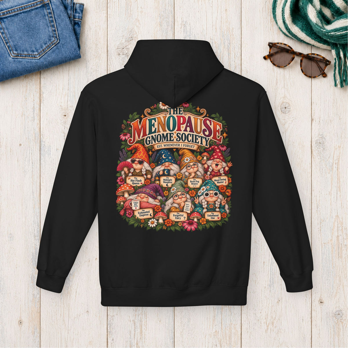 Menopause Gnome Society Hoodie – Back Print in Black