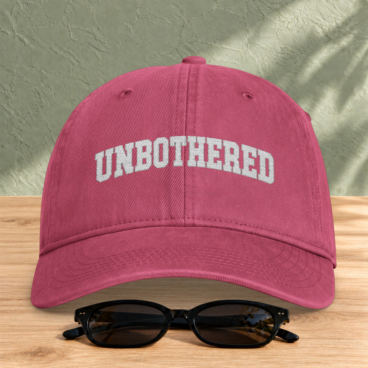Unbothered Embroidered Washed Cap in Crimson — product view