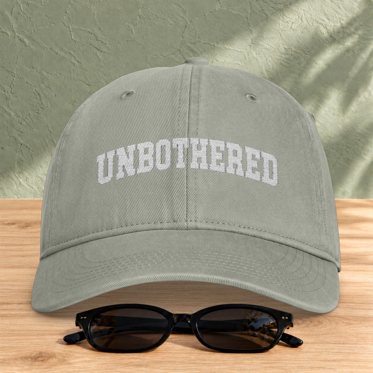 Unbothered Embroidered Washed Cap in Sandstone — product view
