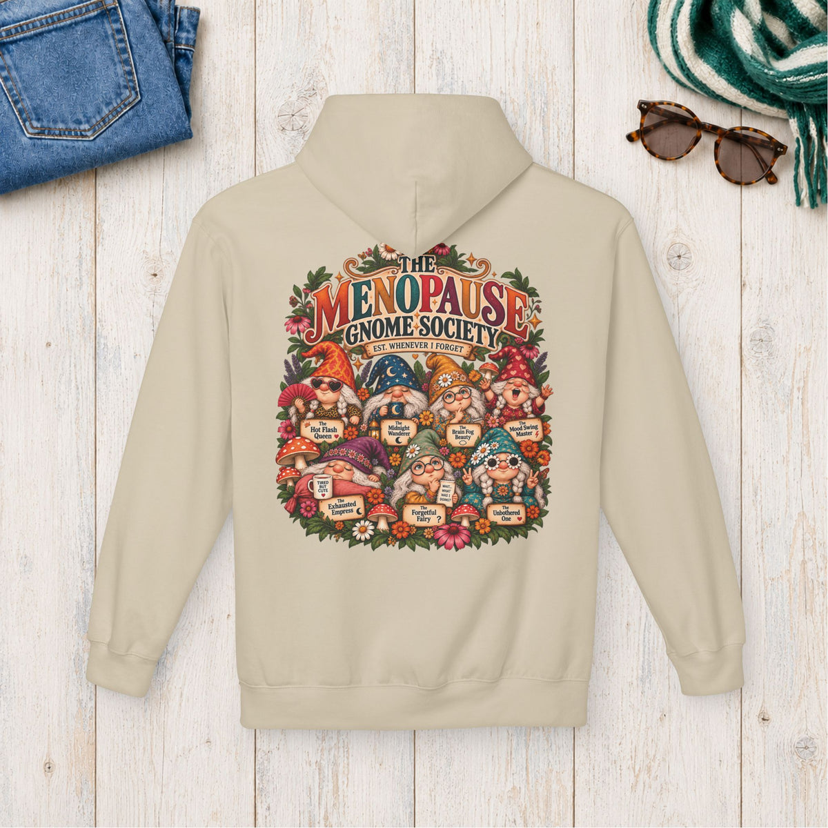 Menopause Gnome Society Hoodie – Back Print in Sand