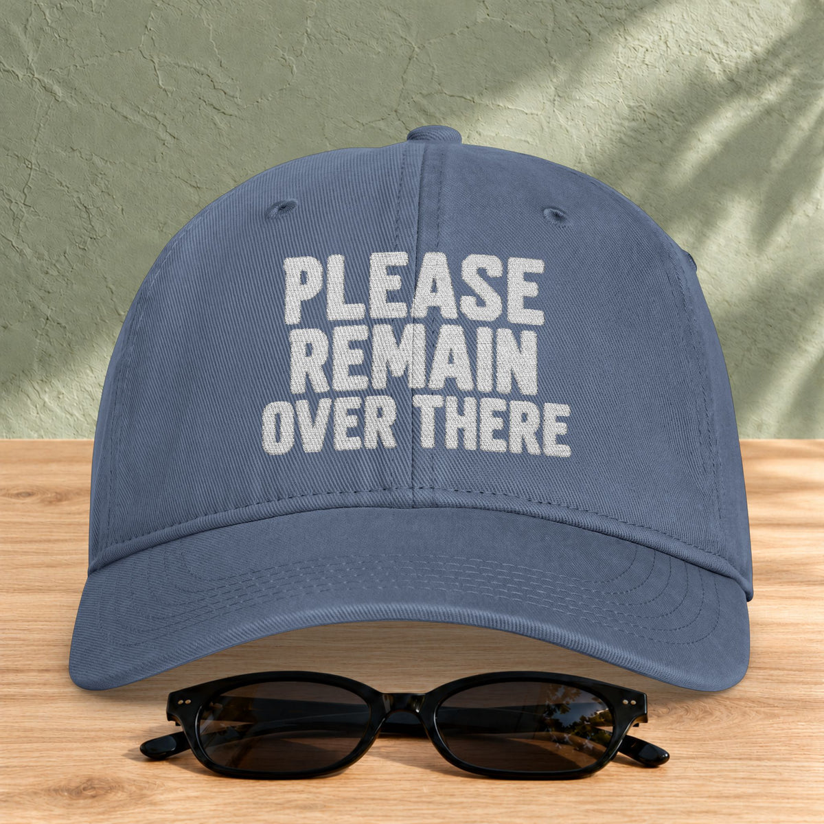 Please Remain Over There Coastal Washed Cap in Blue Jean — product view