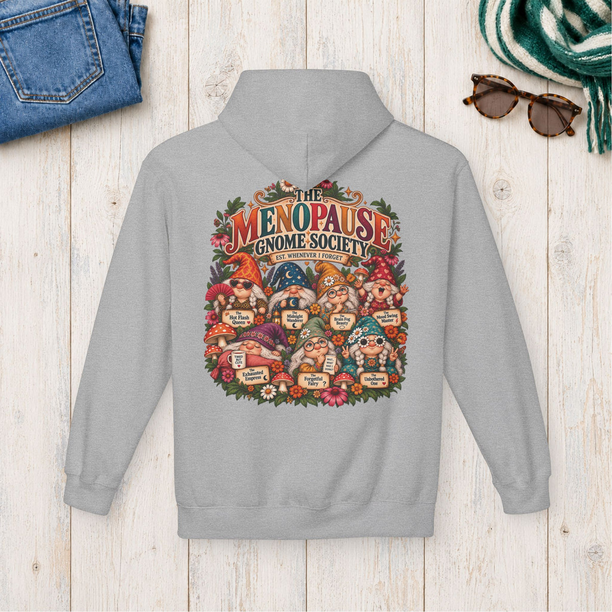 Menopause Gnome Society Hoodie – Back Print in Sport Grey