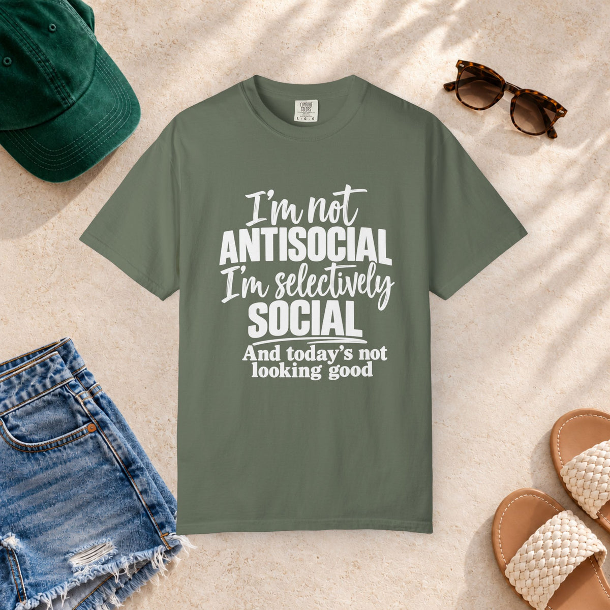 I'm Not Antisocial, I'm Selectively Social T-Shirt in Moss — product view