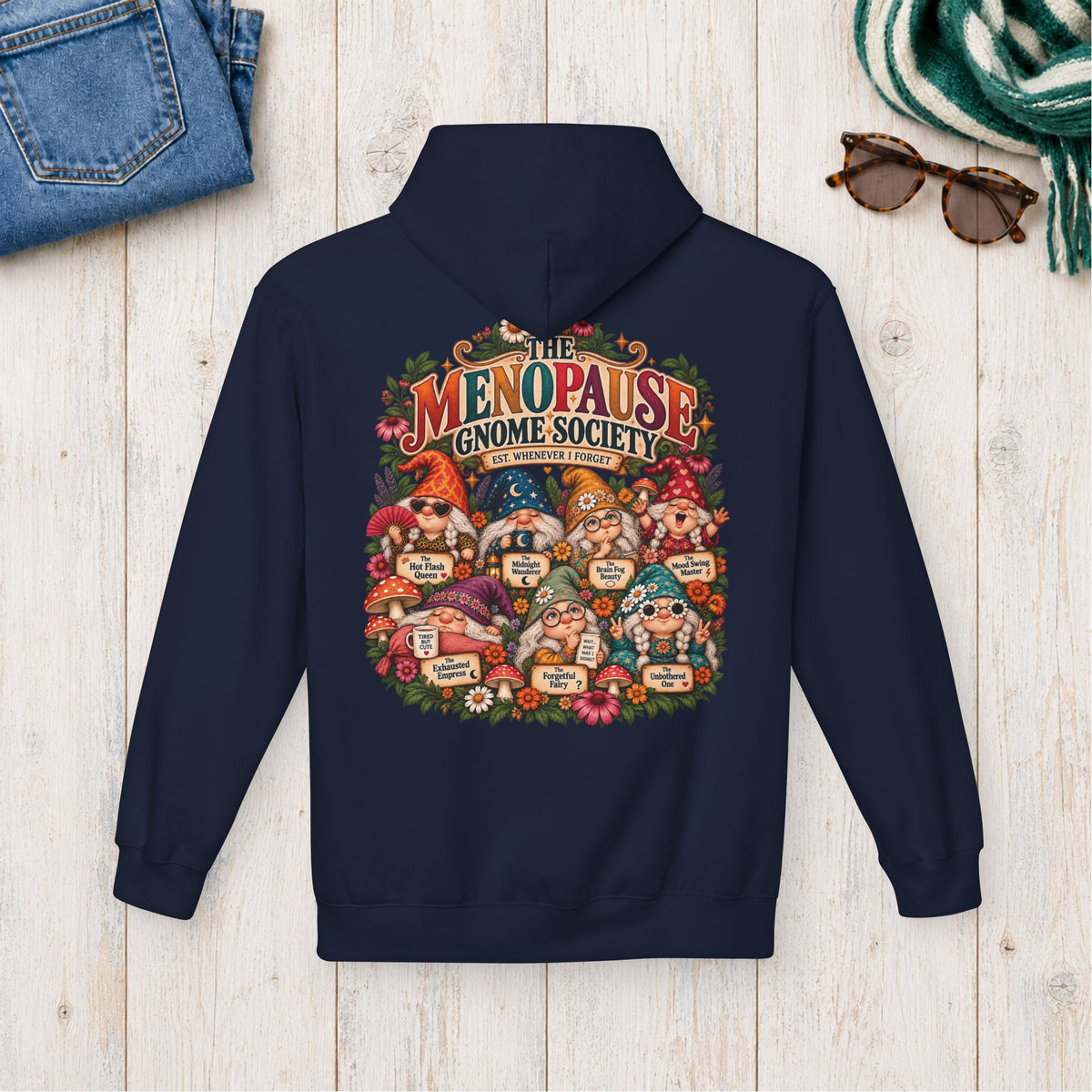 Menopause Gnome Society Hoodie – Back Print in Navy