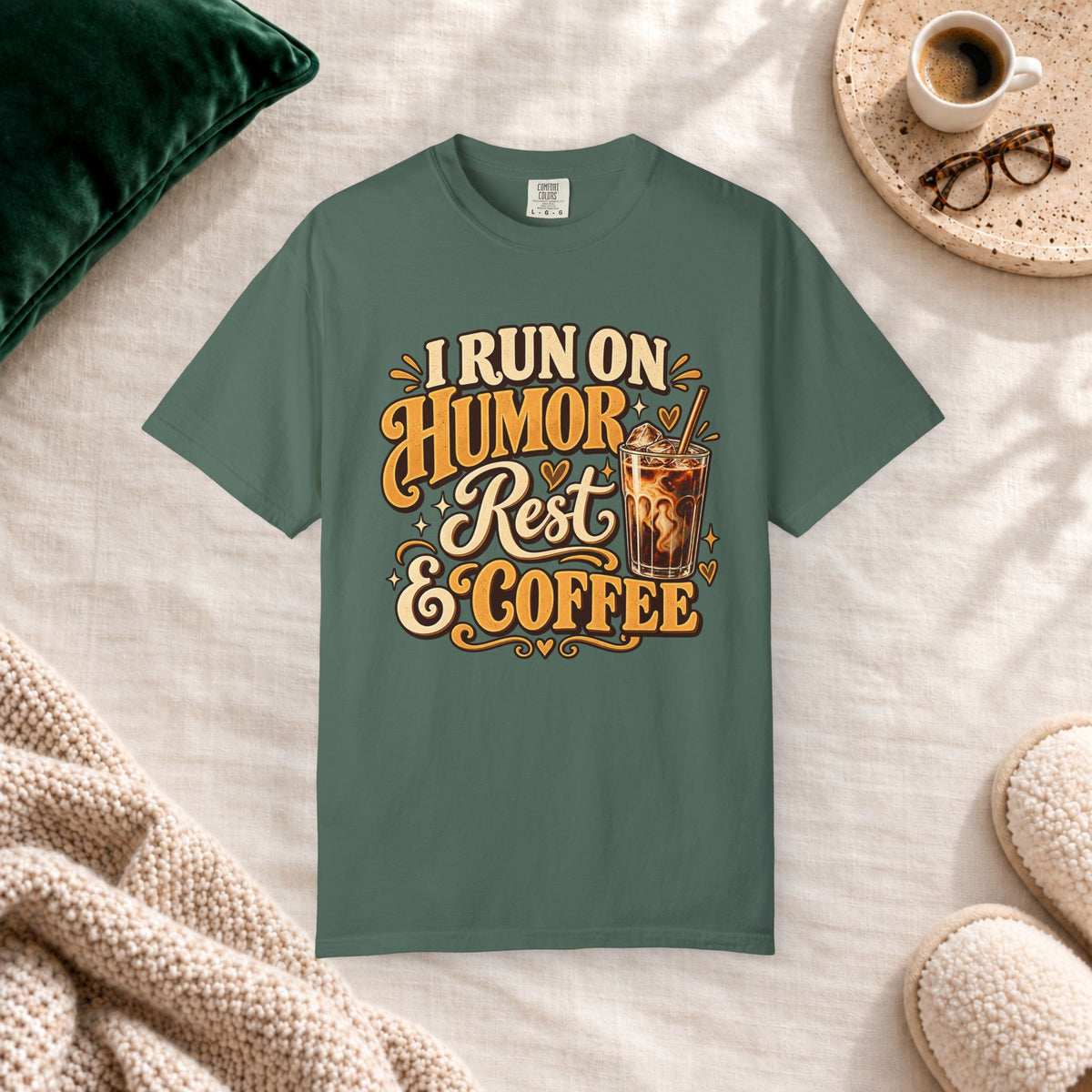 I Run on Humor, Rest & Coffee T-Shirt in Blue Spruce