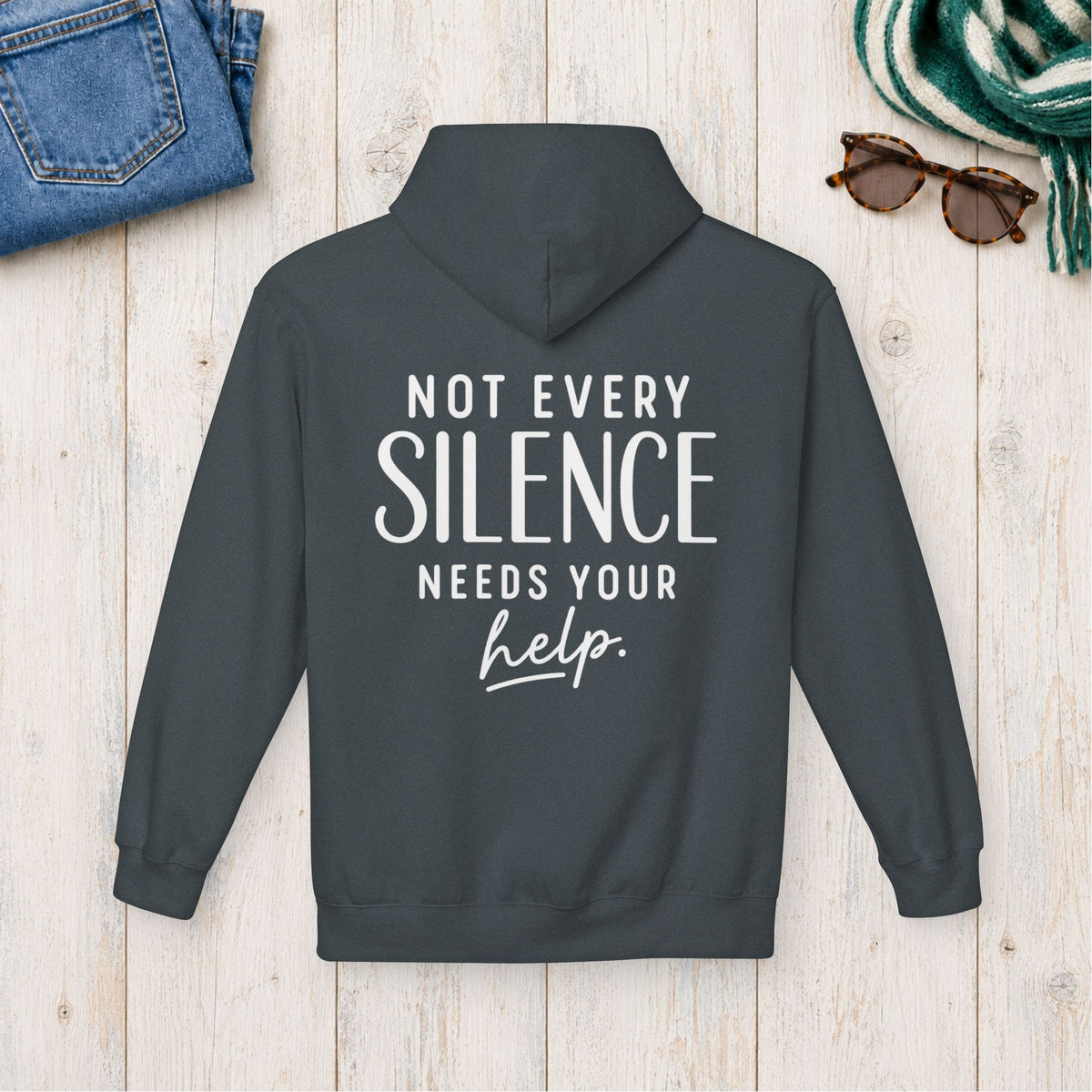 Not Every Silence Needs Your Help Hoodie in Dark Heather — product view