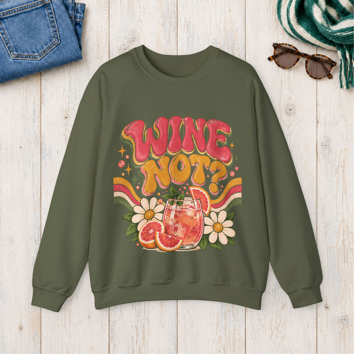 Wine Not? Floral Citrus Sweatshirt in Military Green