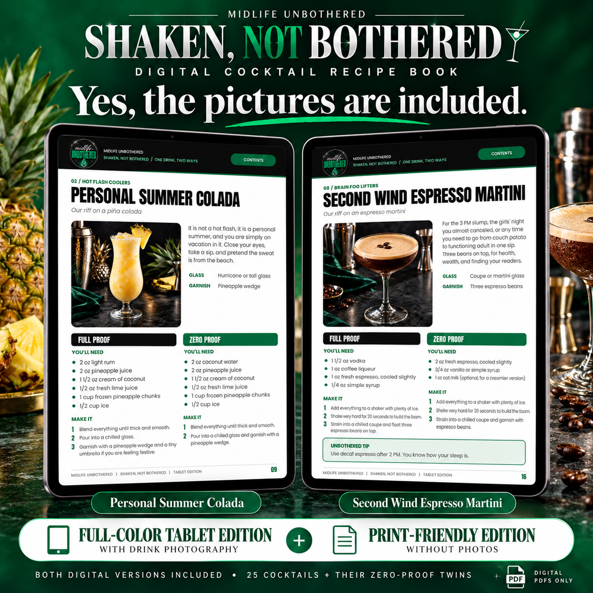 Shaken, Not Bothered: 25 Midlife Cocktails & Mocktails Recipe Book (Printable + Tablet PDF)